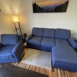 Blue Sofa with chaise AND Oversized Chair