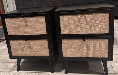 $40 - Set of 2 Black Night stands with 2 Drawers, Boho Night Stand Bedside Table, Rattan Decor Drawer. Pickup only in the area of 36th Ave and Pinnac