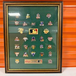 KELLOGG'S MAJOR LEAGUE BASEBALL 29 PINS FRAMED 13x16 26 TEAM PIN + 3 LEAGUE PINS