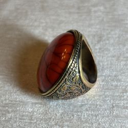 Vintage Brass Carved Flowers Ring With Man Made Blood Stone 