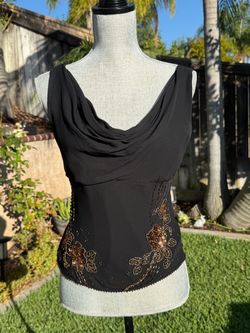 Small Cropped Black Silk Top Cowl Neck Bronze Beaded/Sequins Going Out Top ECI