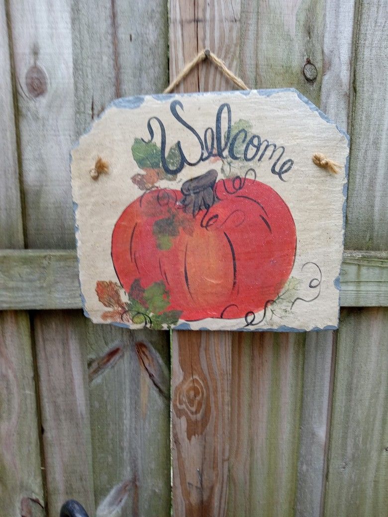 13 X 14" " Welcome" Slate Hand Painted Pumpkin