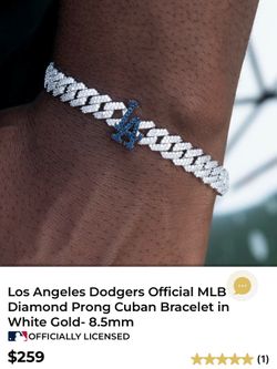 Los Angeles Dodgers Official MLB Diamond Prong Cuban Bracelet in White Gold- 9mm