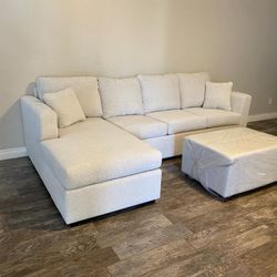 White Greyish Sectional With Ottoman 