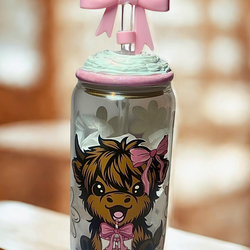 Highland Cow Girl Glass Can Tumbler with Pink Bow Lid & Straw Topper – 16oz