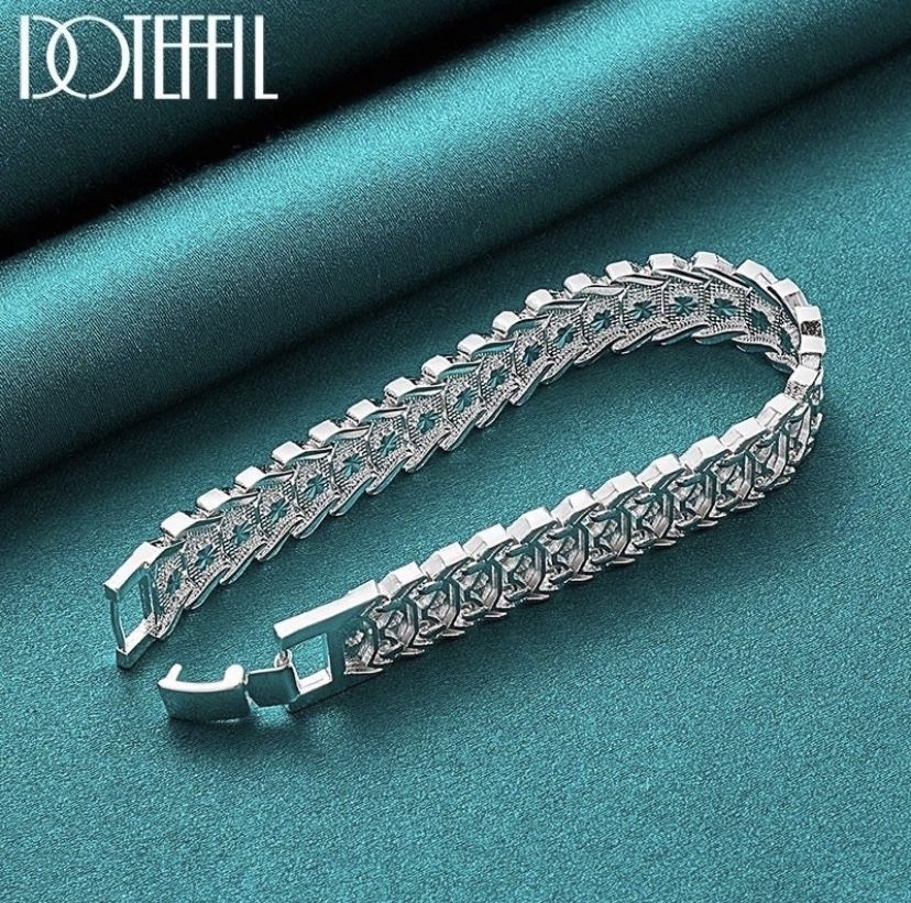 925 Sterling Silver Wide Wristband Bracelet Chain For Women Man Wedding Engagement Party Fashion Jewelry Length: 20 cm Pin Brooch Jewelry Ea