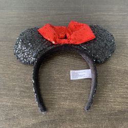 Disney Parks Authentic Minnie Mouse Black Sequin Ears Headband with Red Bow