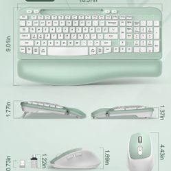 Wireless Keyboard and Mouse Combo, Wave Keys Full-Sized Ergonomic Keyboard with Cushioned Plam Rest, Phone Holder, Comfortable Natural Typing, 2.4G Co