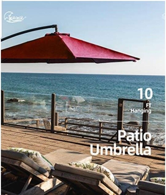 Wikiwiki Offset Umbrella 10ft Cantilever Patio Umbrella Hanging Market Umbrella Outdoor Umbrellas with Crank & Cross Base (Brick Red

