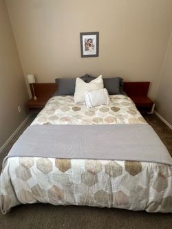 Mid Century Modern Danish Teak Platform Bed w/ Floating Side Tables