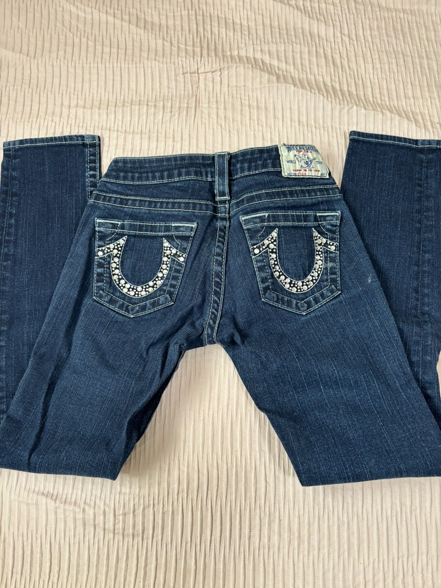 Dark Blue True Religion jeans with Rhinestone Decal 