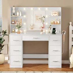 White Makeup Vanity with Mirror and Drawers