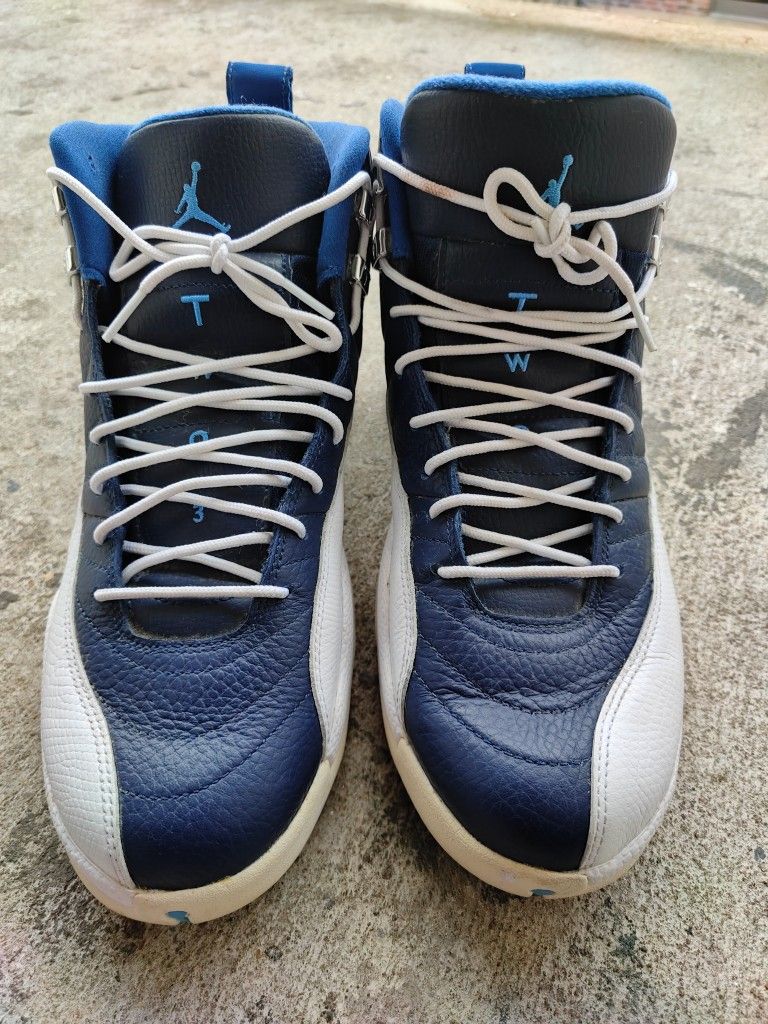  Used Nike Air Jordan 12 Retro White Navy Blue Men's Size 12 Basketball Shoes