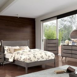 Brand New Grey Mid Century Style 4pc Queen Bedroom Set (Available In California & Eastern King)