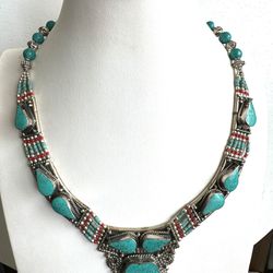 vintage indo/tibet style handmade necklace with tibetan silver 19”inch long