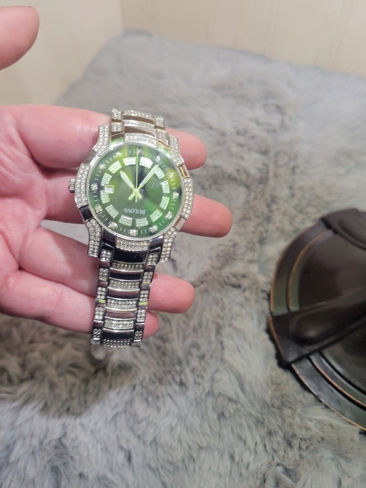 Men's Bulova Crystal Accent Watch with Black Dial (Model: 96B176)