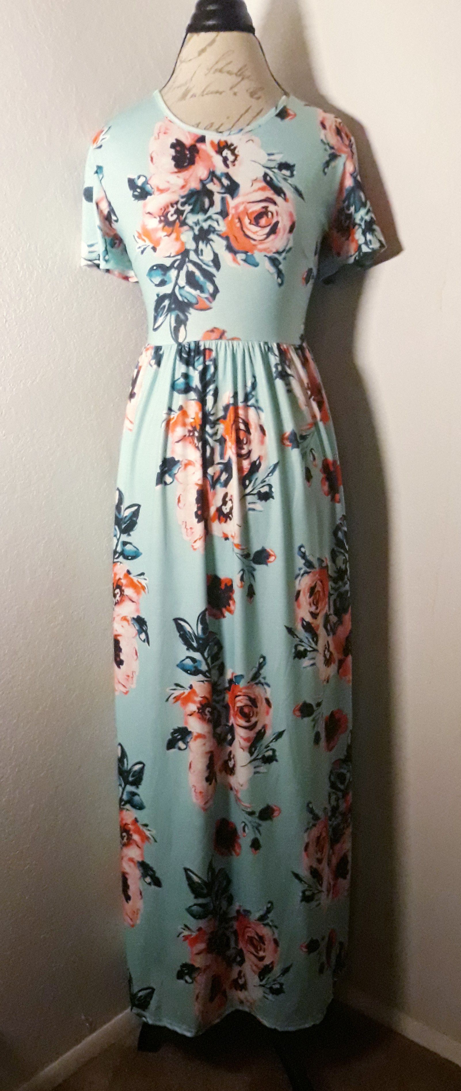 Teal & Floral Short Sleeve Maxi Dress Sz XL