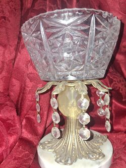 Vintage Chandelier Candy Dish Bowl Hollywood Regency Crystal Art Glass Marble Brass Console Bowl Centerpiece