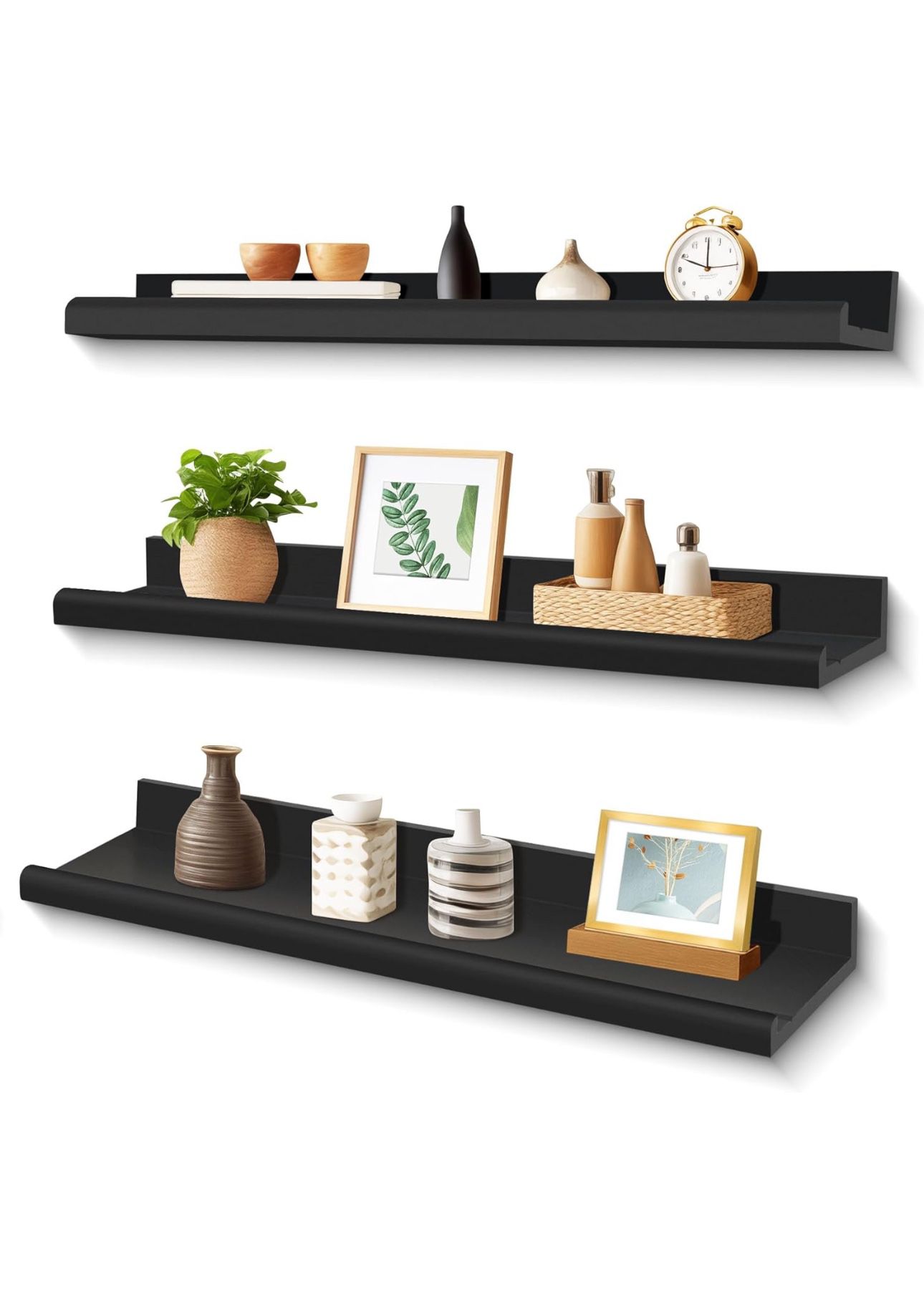 Annecy Floating Shelves Wall Mounted Set of 3, 23.6 Inch Black Rustic Wood Shelves for Wall, Wall Storage Shelves with Guardrail Design for Bedroom, B