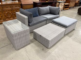 Modern Grey Modular Wicker Patio Set with 2 Ottomans and Glass Top Side Table