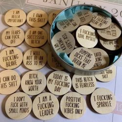 Mini Sweary Affirmation Discs in blue tin, NEW. Perfect stocking stuffer or coworker gift