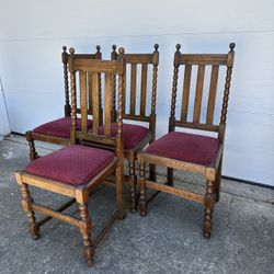 Antique Side Chair set 4 Barley Twist Legs Back Solid Oak Good Fabric 19th Centu