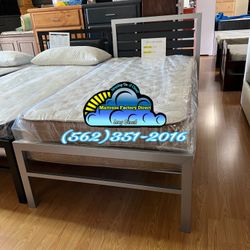 Twin Extra Firm Mattress With Grey/ Black Metal Bed Frame Set- Colchon Firme Con Base Cama Gris/ Negro Metal 