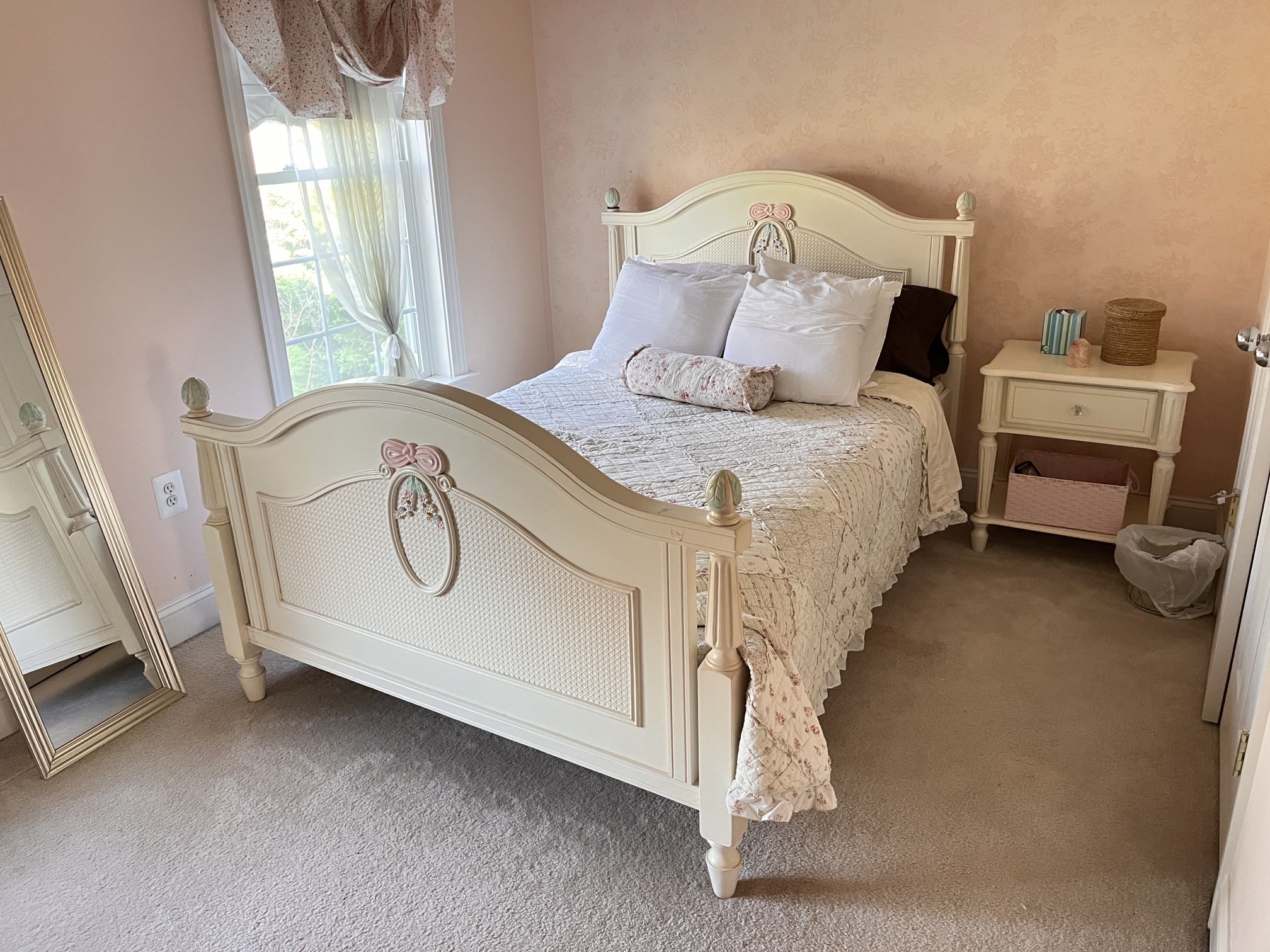 Girls French-Inspired 4-Piece Bedroom Set – Queen Bed, Dresser with Mirror, Nightstand, Tall Chest