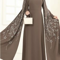 Brown Embellished Cape Dress