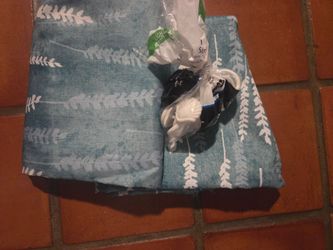 2 matching blue shower curtains with hooks $8