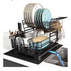 2 Tier Black Large Stainless Steel Dish Drainers Drying Rack for Kitchen