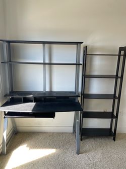 Desk, chair, and bookshelf