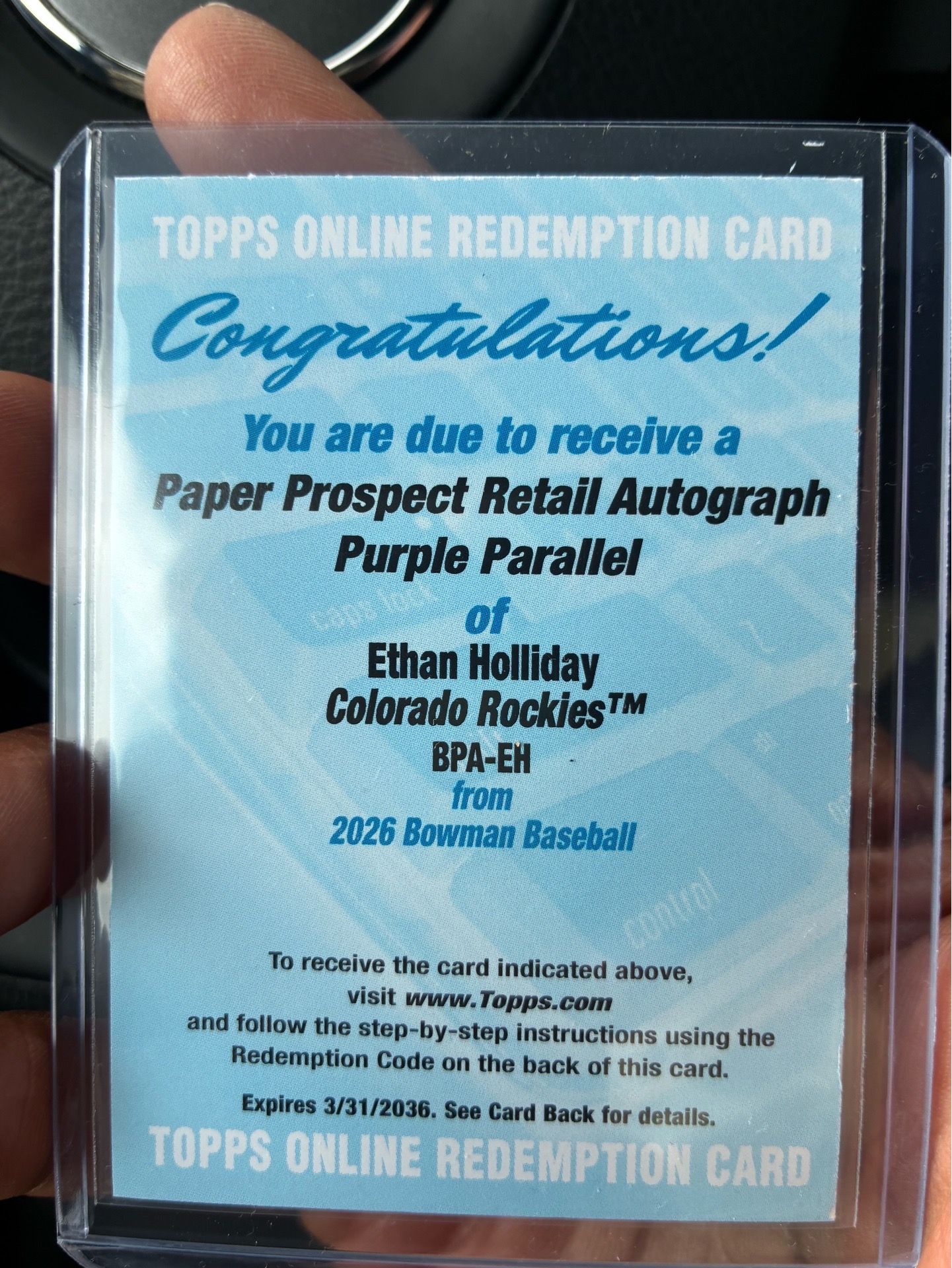 2026 Bowman - Ethan Holliday - Paper Prospect Auto Purple /250 (Redemption)