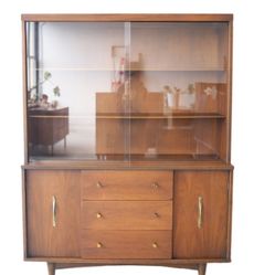 Mid Century Walnut Hutch With Glass Doors
