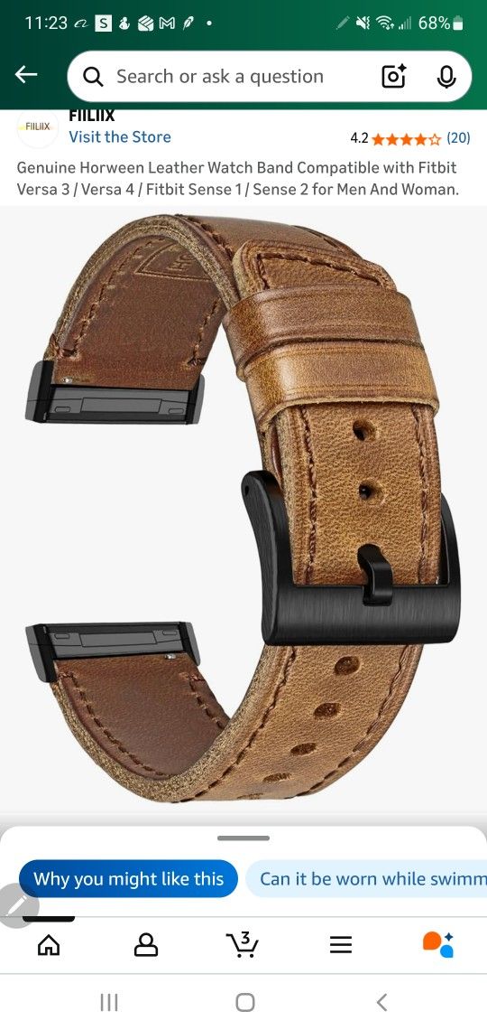 Genuine Horween Leather Watch Band Compatible with Fitbit Versa 3 / Versa 4 / Fitbit Sense 1 / Sense 2 for Men And Woman.
