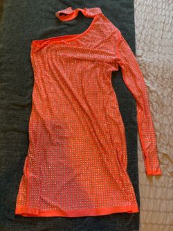 Fashion Nova Orange Rhinestone One-Shoulder Mini Dress