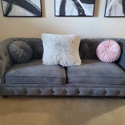 Gray Velvet Tufted Sofa