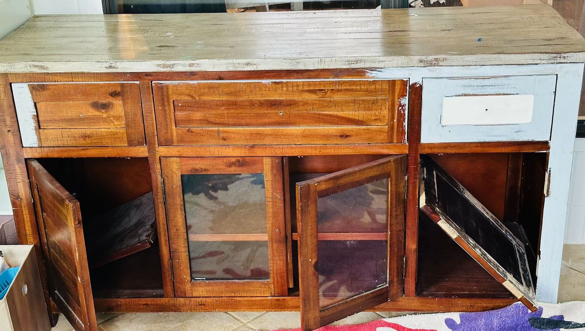 Rustic Vintage Jofran Buffet Cabinet – Solid Wood & Glass Doors –
