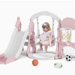 XJD 6-in-1 Toddler Slide and Swing Set, Kids Slide for Toddlers Age 1+, Toddler Outdoor Playset with Basketball Hoop, Football Frame, Swing, Outdoor I