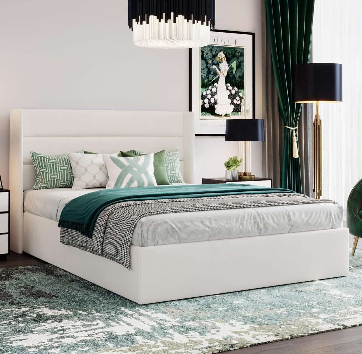 Queen Size Lift Up Storage Bed/Velvet Upholstered/Modern Wingback Headboard/Upholstered Platform Bed Frame/Hydraulic Storage/No Box Spring Needed/Whit