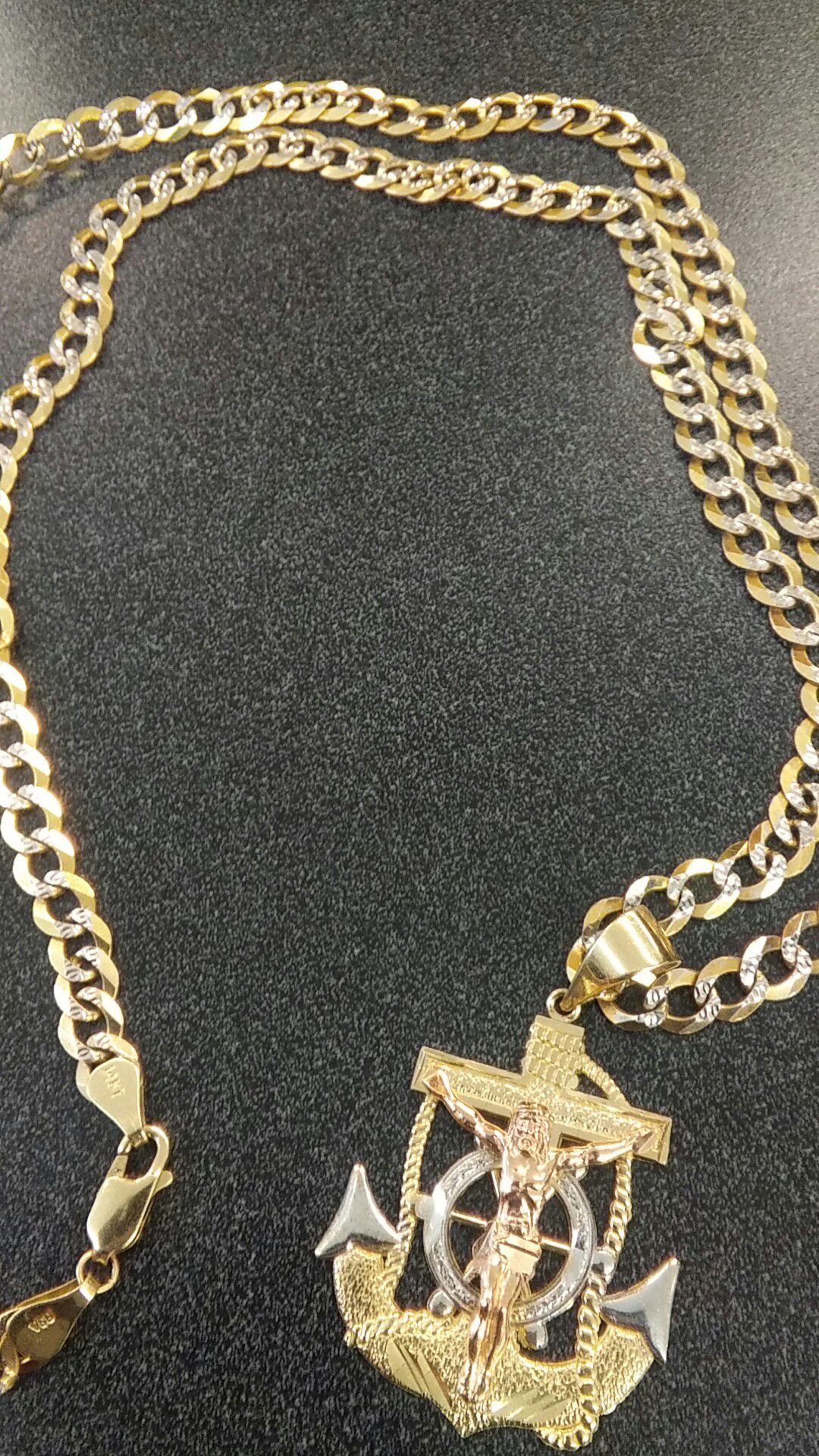 14k yellow gold mariner cross pendant Cuban link chain
