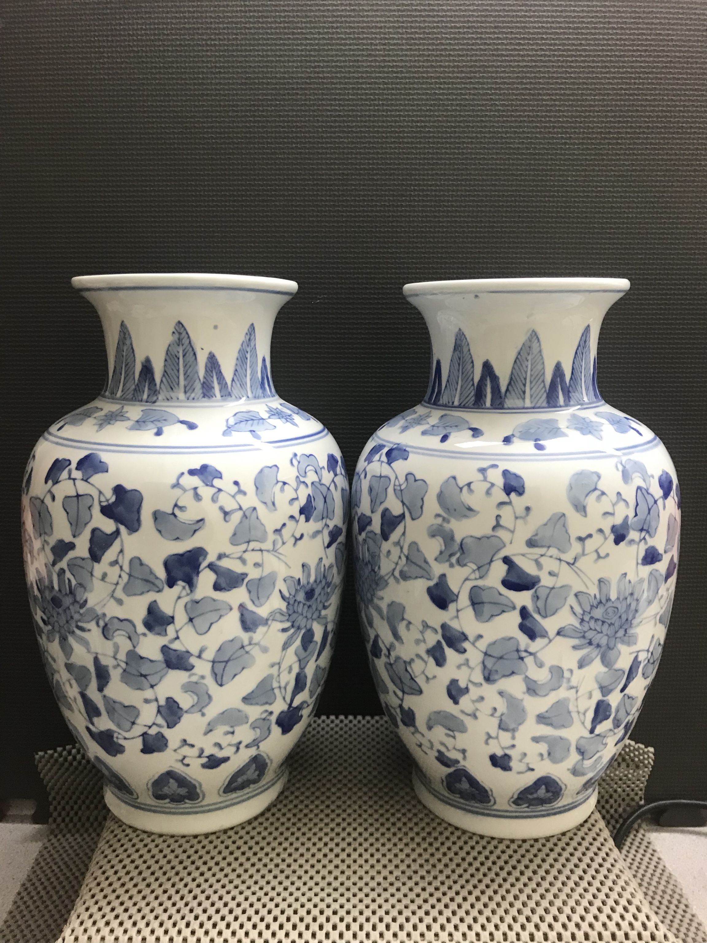 Pair Of Vintage Chinese Hand Painted Blue and White Porcelain Vases