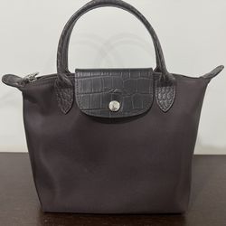 Longchamp Le Pliage Dark Brown Croc Embossed Top Handle Bag