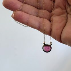 14k Yellow Gold filled Pink Tourmaline Bezel Pendant Necklace Cable Chain 18in
