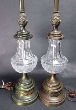 Pair of Vtg Mid Century Crystal & Brass Pineapple Hollywood Regency Table Lamps