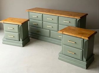 Sage Green 9-Drawer Dresser & Nightstand Set — Refurbished, Gold Hardware