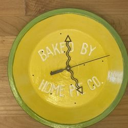 Vintage "Baked By Home Pie Co." Pie Tin Clock  (Upcycled/Repurposed Embossed Metal)
