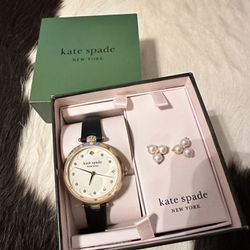 Kate Spade New York Holland Three Hand Black Leather Watch And Earrings Set