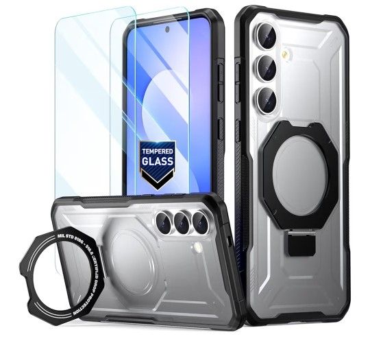 Poetic Spartan Case for Samsung Galaxy S25 FE 5G with Ring Stand, 2 Tempered Glass Screen Protector | Magsafe Compatible | for Galaxy S25 FE Cover, Bl