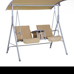 New in box  2 Person Porch Swing with Stand, Outdoor Swing with Canopy, Pivot Storage Table, 2 Cup Holders, Cushions for Patio, Backyard, Beige ( 84a-